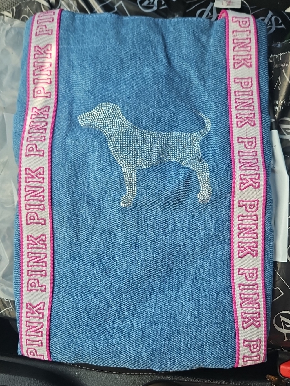 PINK VICTORIA'S SECRET DIAMANTE BLING DOG TOTE BAG NEW 100% COTTON